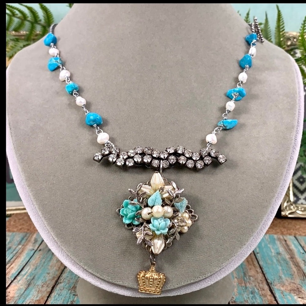Adorned Crown artisan assemblage teal rhinestone cluster necklace