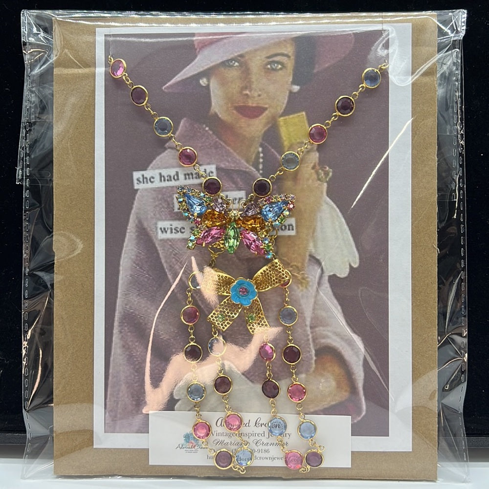 Adorned Crown Jewelry rhinestone butterfly enamel bow pastel chain necklace