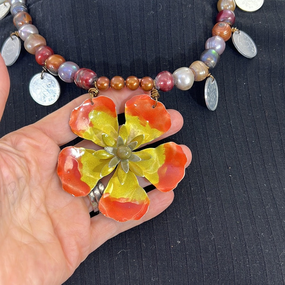 Adorned Crown Artisan Assemblage Tahitian Pearl coins enamel flower necklace