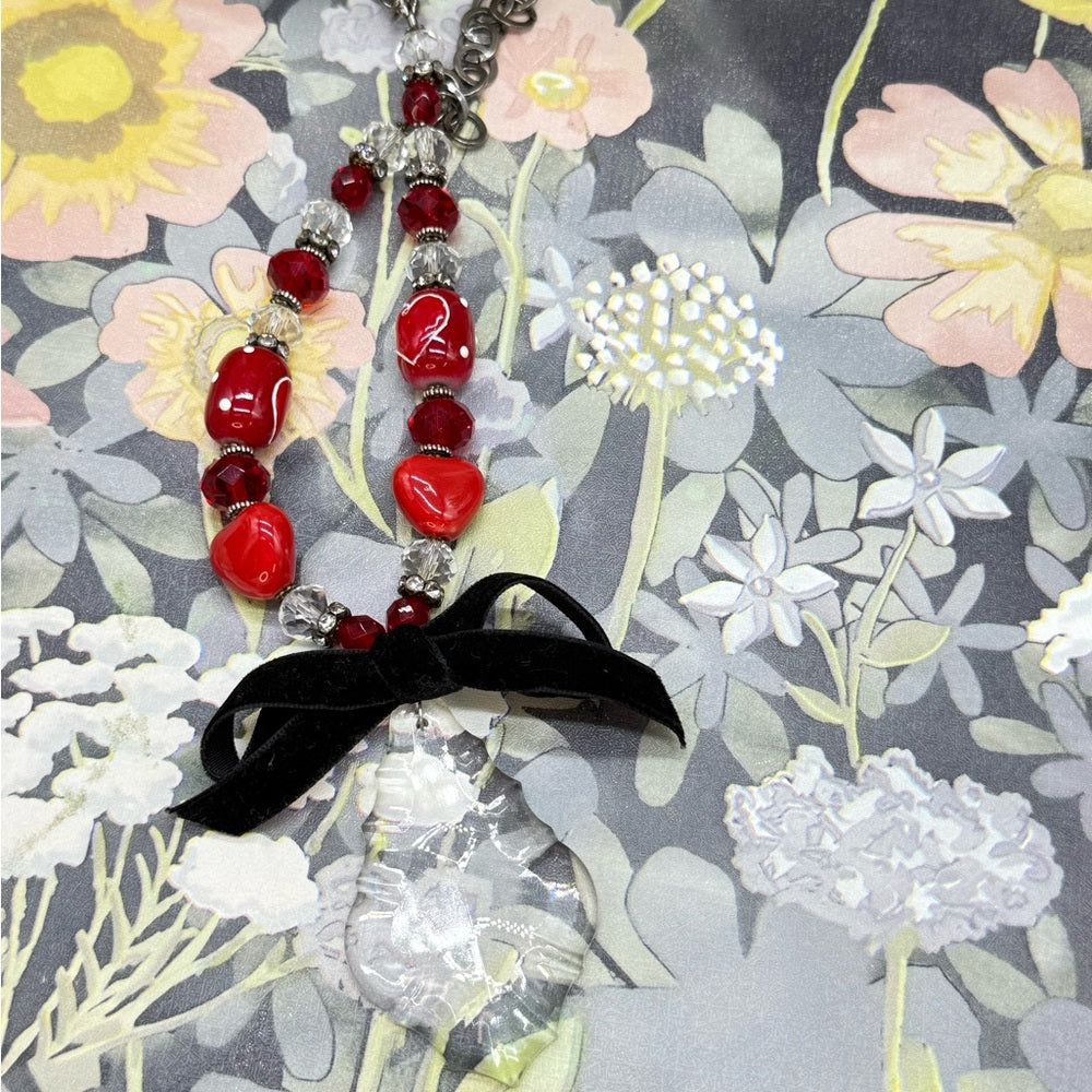 Adorned Crown Jewelry assemblage red heart bead crystal drop ribbon necklace