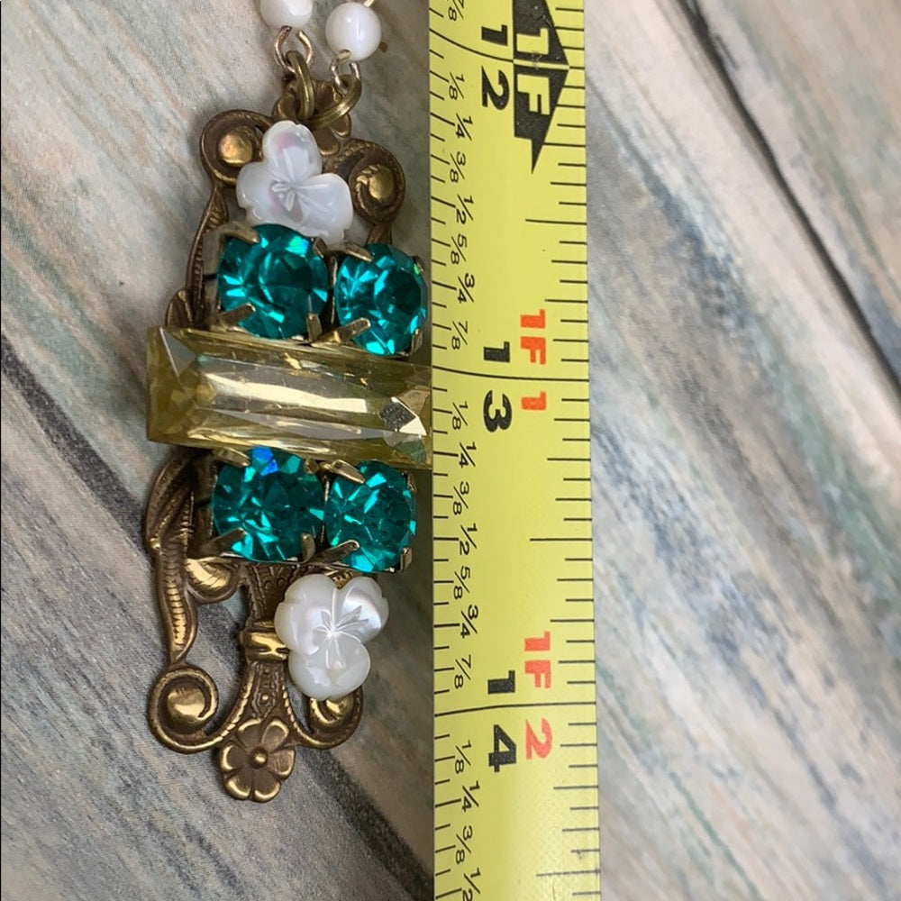 Adorned Crown Artisan assemblage green rhinestone and mop collage necklace
