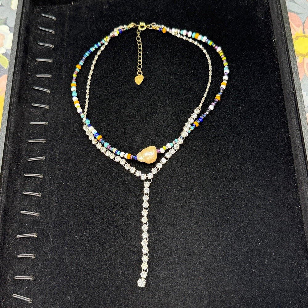 Adorned Crown Jewelry assemblage 2 strand beaded rhinestone pearl necklace