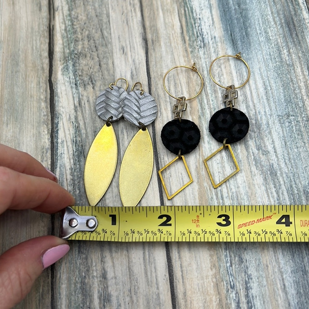2 pair Adorned Crown Artisan Assemblage leather gray gold charm earrings