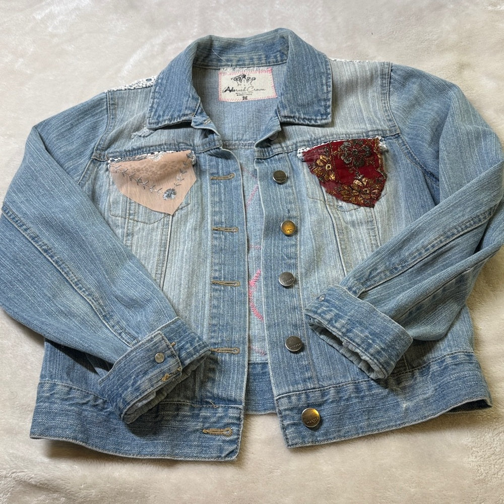 Adorned Crown Jewelry and textiles altered velvet heart denim jacket size med