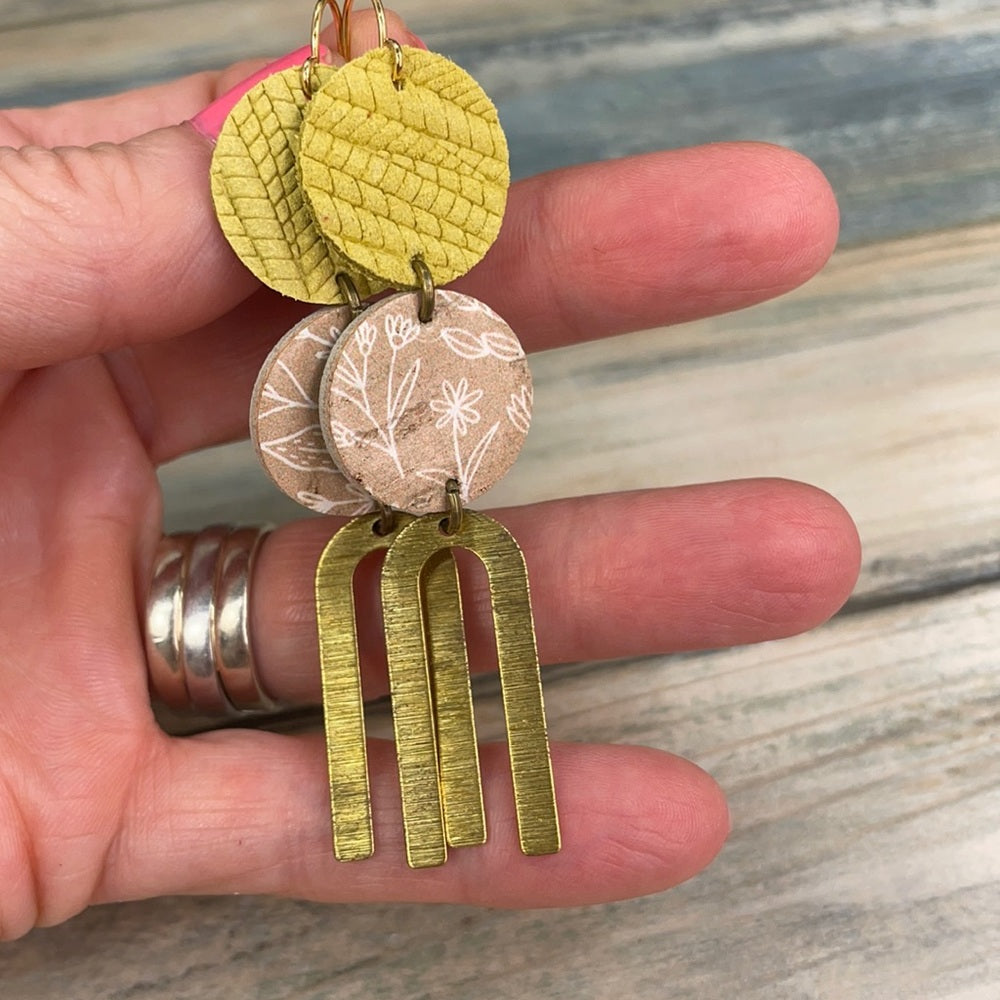 Adorned Crown geo yellow tan double leather earrings