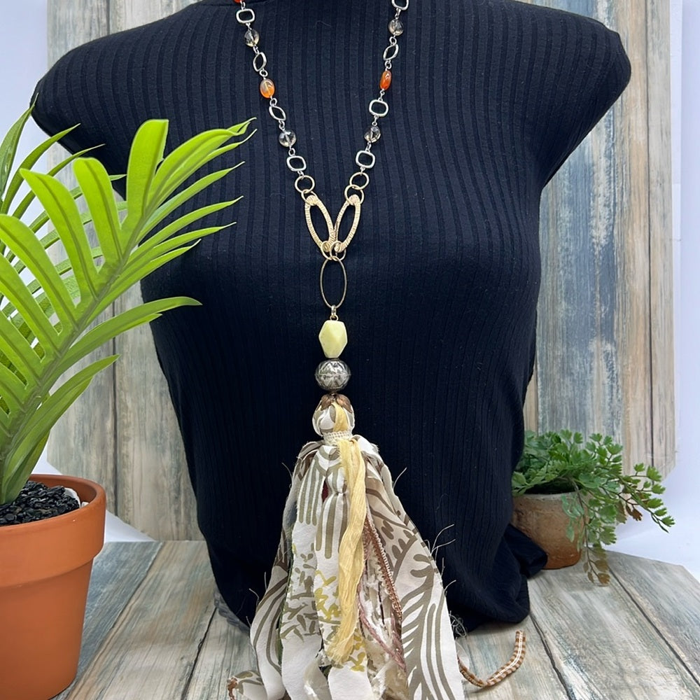 Adorned Crown Jewelry assemblage green yellow tassel stone bead necklace
