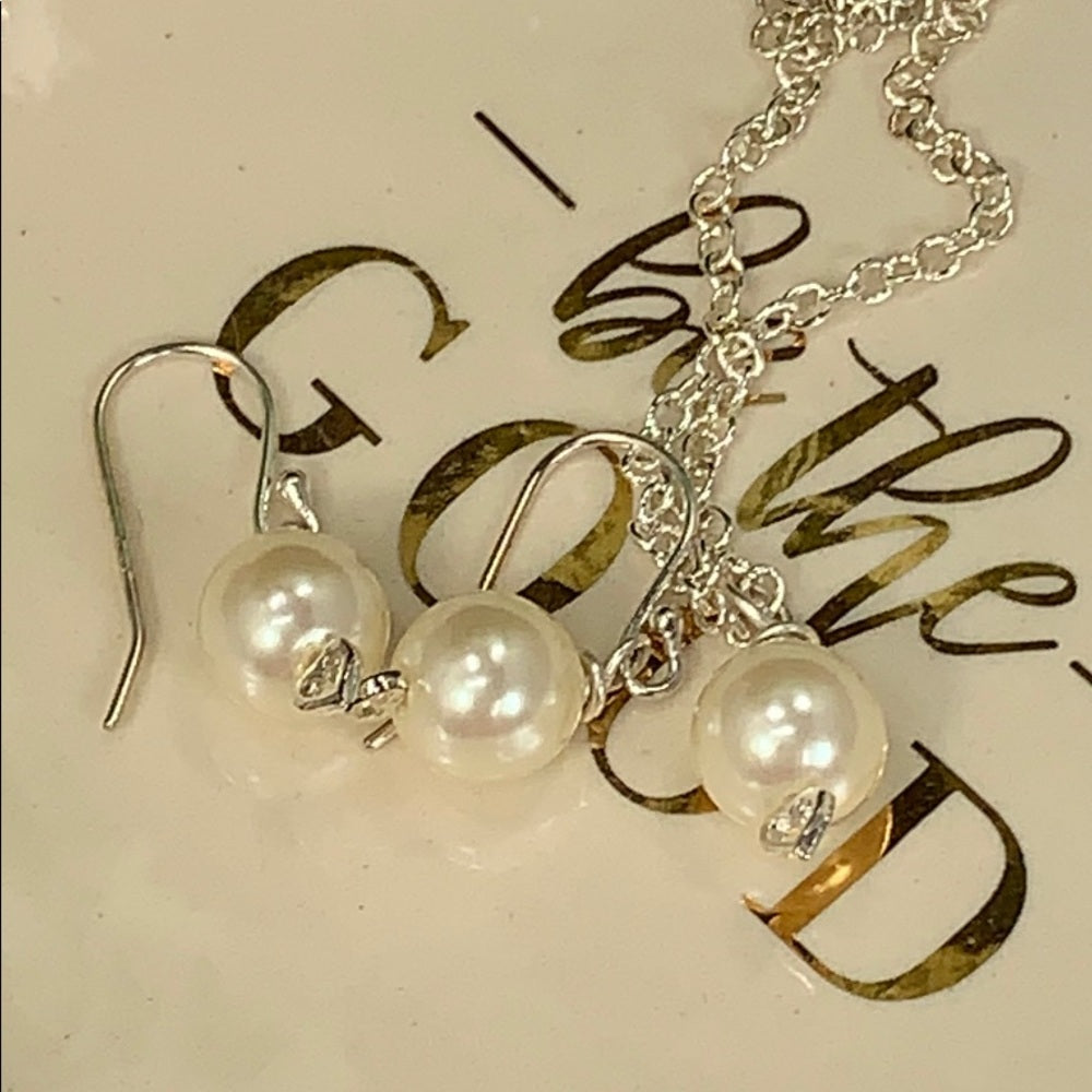 Adorned Crown glass pearl bead heart sterling set 3 earrings & necklace