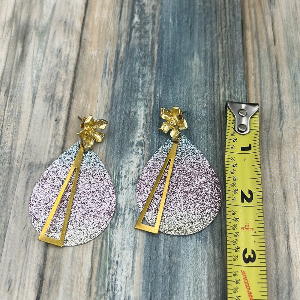 Adorned Crown Artisan Assemblage leather pink glitter gold flower earrings