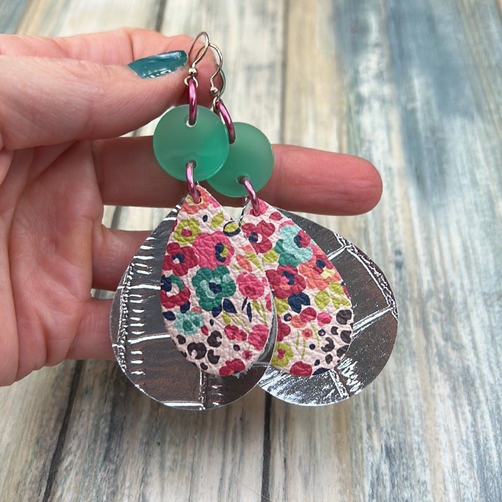 Adorned Crown Artisan Assemblage leather double acrylic floral earrings