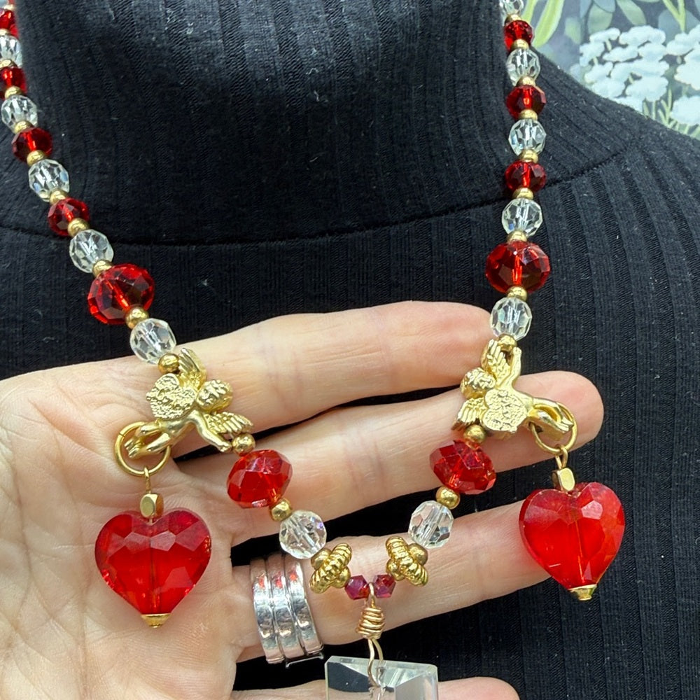 Adorned Crown Jewelry assemblage glass crystal red bead cherub necklace