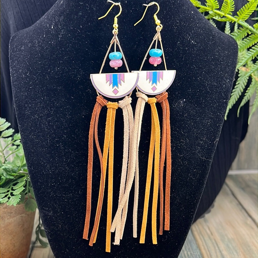 Adorned Crown cowgirl collection turquoise enamel leather tassel earrings