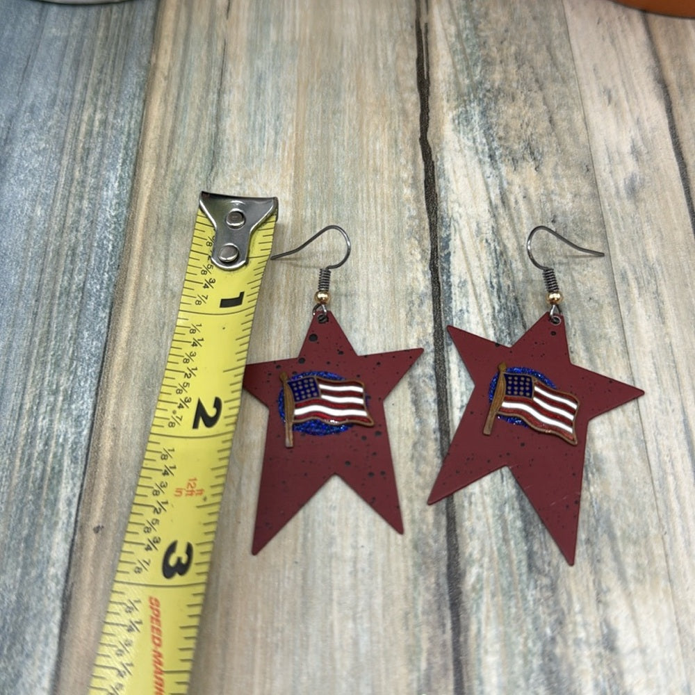 Adorned Crown Jewelry assemblage Red Star Dangle Earrings with enamel flags