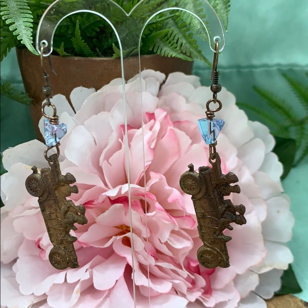 Adorned Crown artisan assemblage Vintage brass cars blue bead earrings