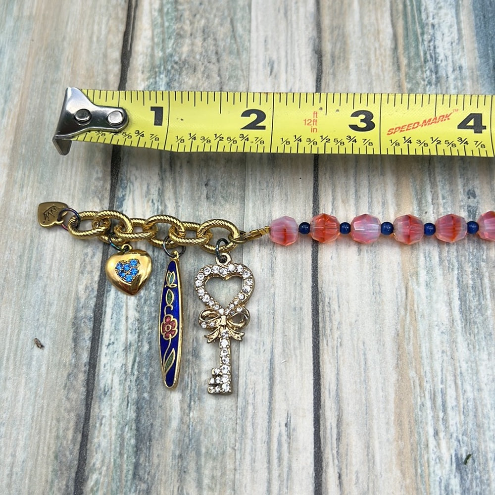 Adorned Crown Jewelry artisan assemblage heart key cloisonné pink bracelet