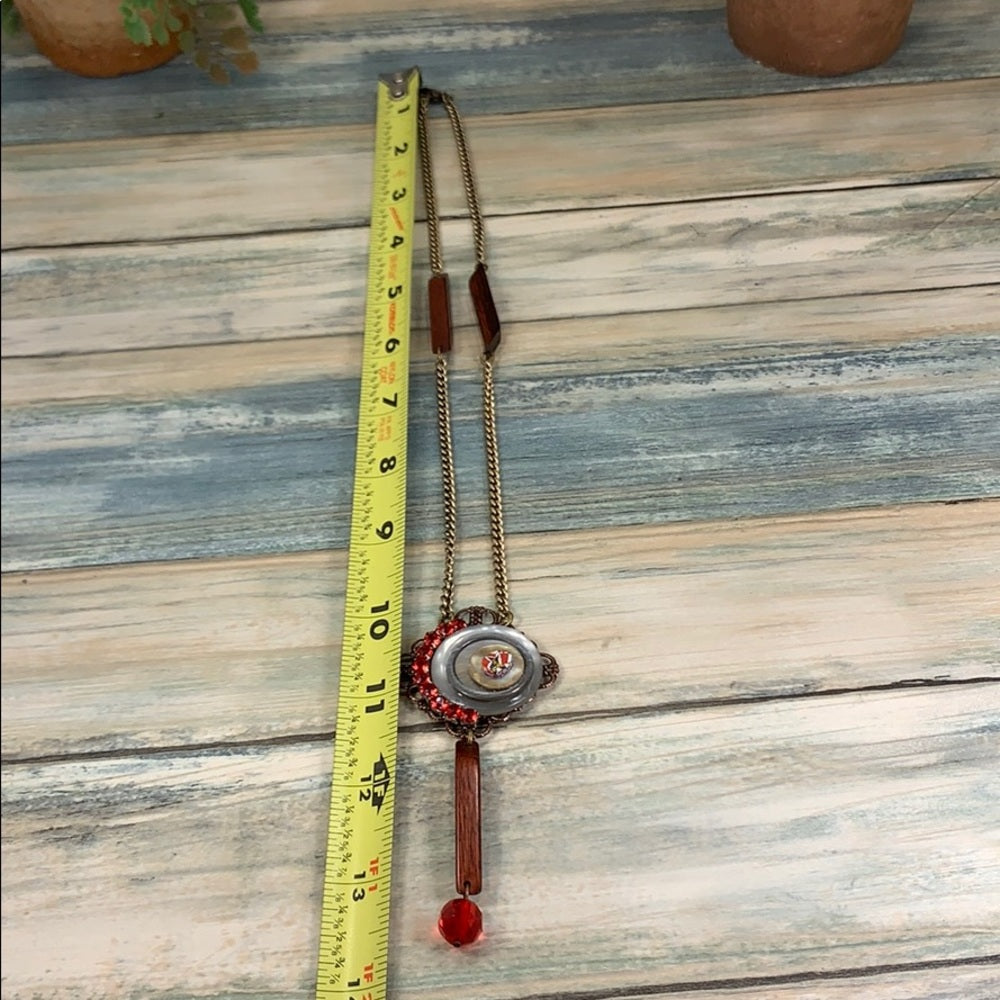 Adorned Crown artisan assemblage wood bead button rhinestone necklace