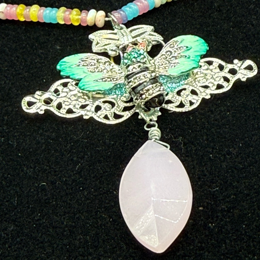 Adorned Crown Jewelry assemblage pastel gemstone bead teal enamel bee necklace
