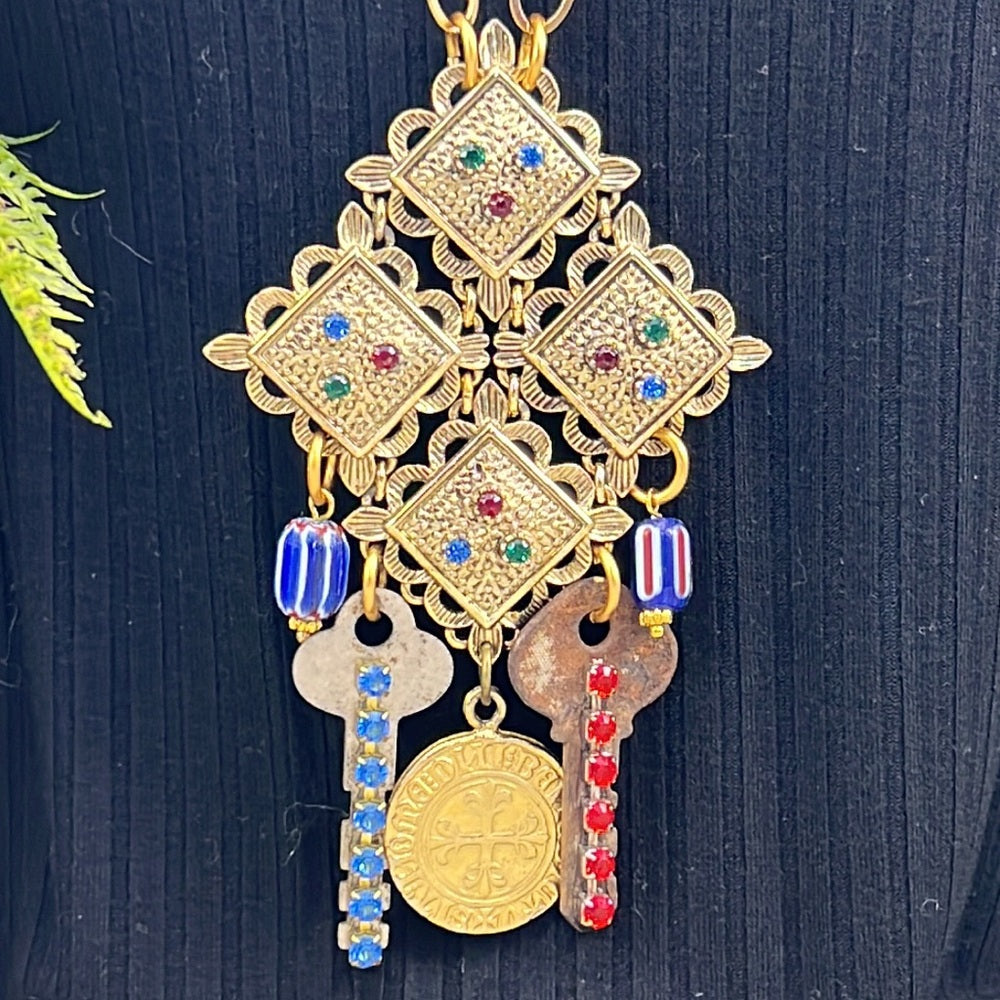 Adorned Crown necklace long boho vintage key red blue rhinestone assemblage