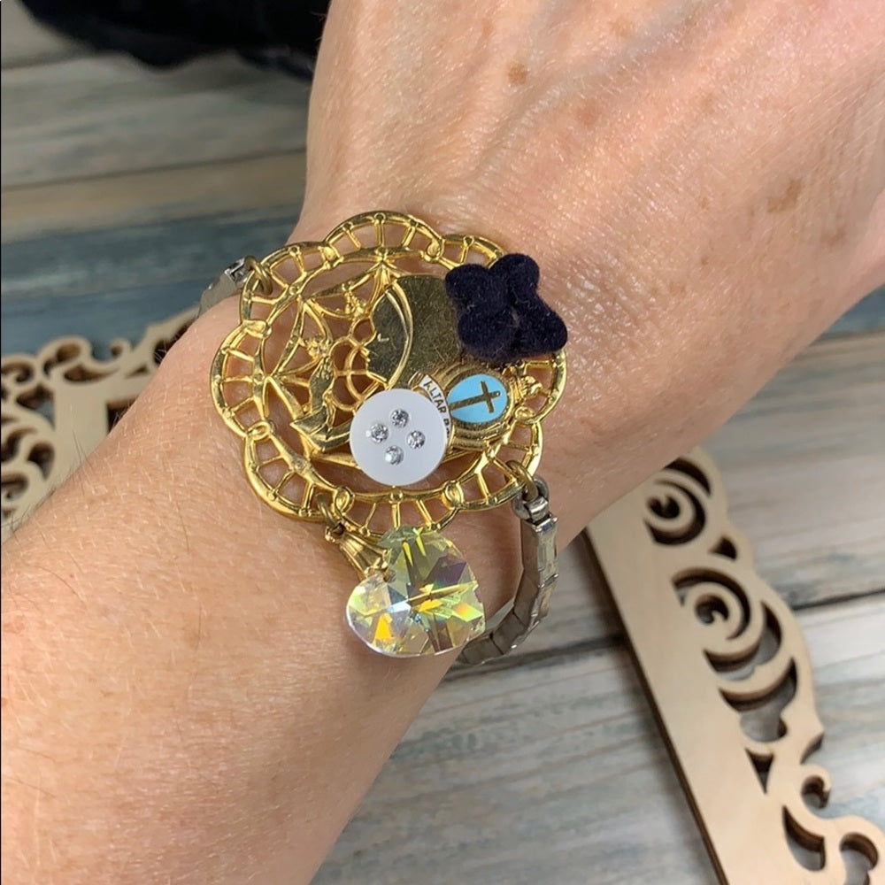 Adorned Crown artisan assemblage prayer crystal heart watch band bracelet