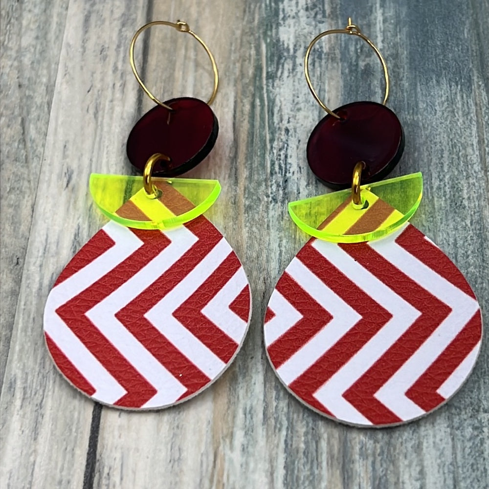 Adorned Crown Artisan Assemblage leather lucite red chevron earrings