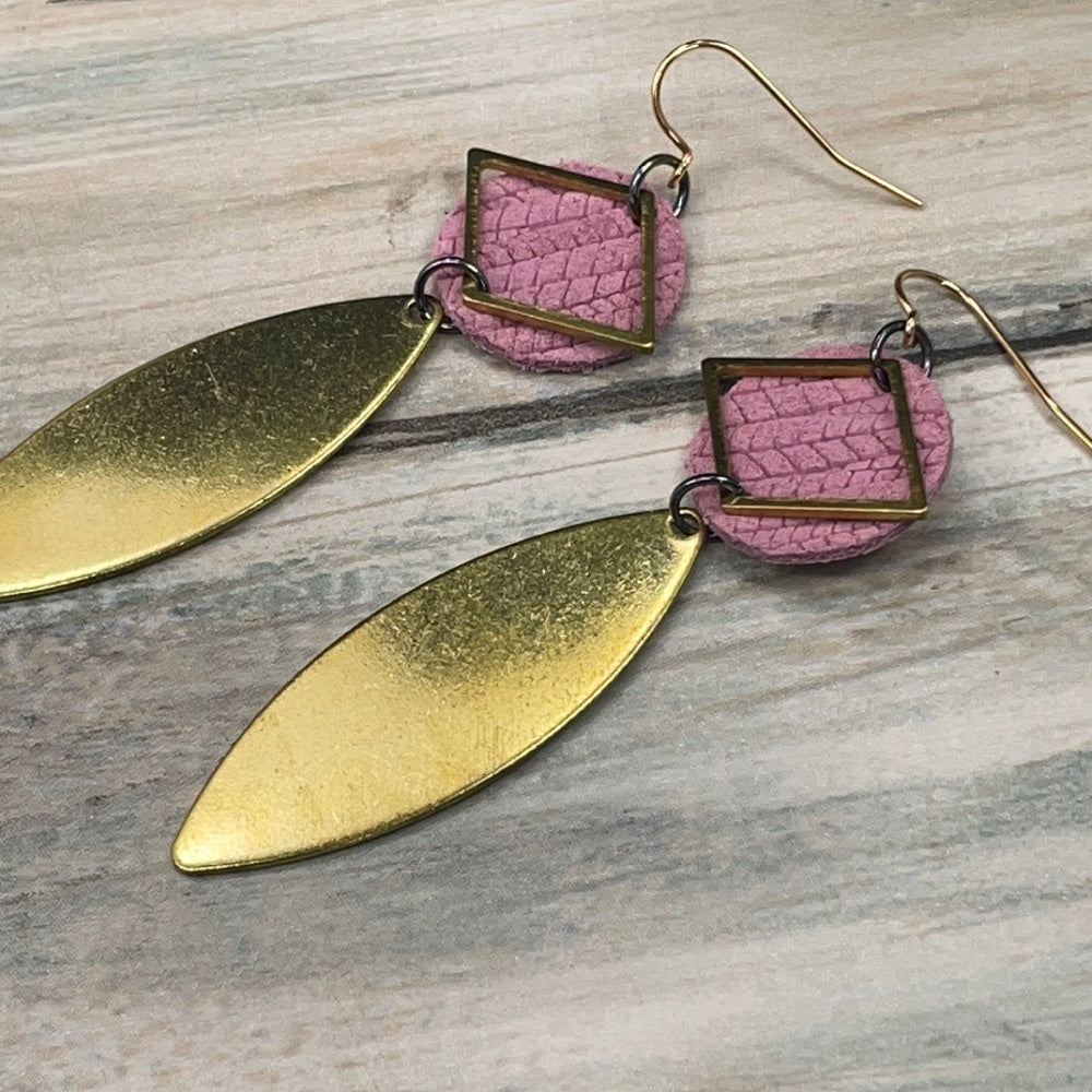 Adorned Crown leather disc brass drop earrings blush & diamond shape