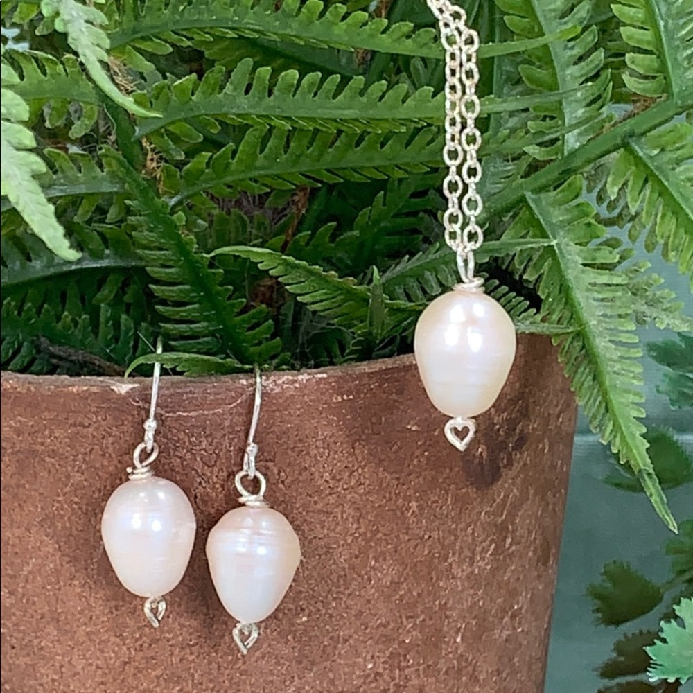 Adorned Crown pearl sterling silver heart set (1) necklace and earrings
