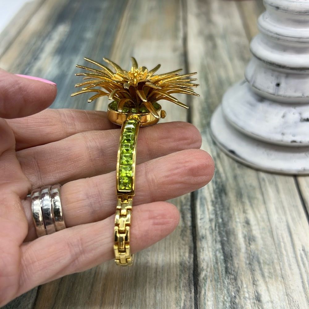 Adorned Crown Jewelry assemblage flower burst green rhinestone bracelet