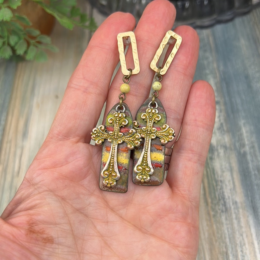 Adorned Crown Artisan Assemblage cross autumn enamel hammered post earrings