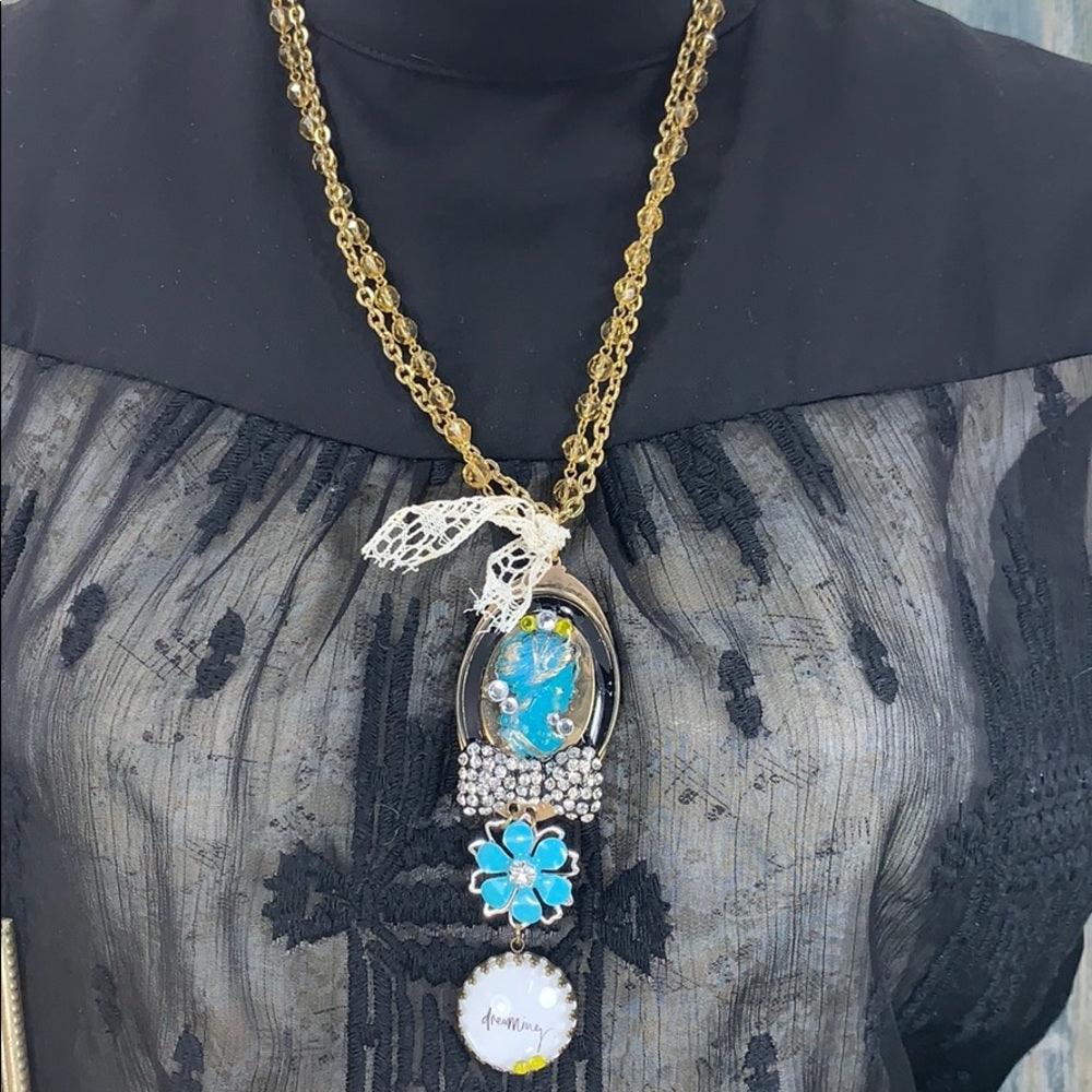 Adorned Crown artisan assemblage dreaming cameo rhinestone bling necklace