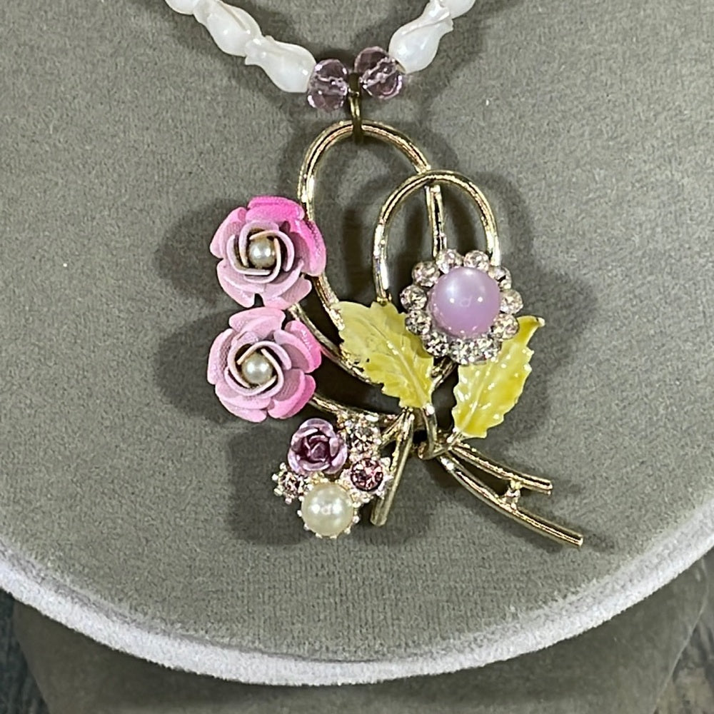 Adorned Crown assemblage enamel flower mother of Pearl rose beads necklace
