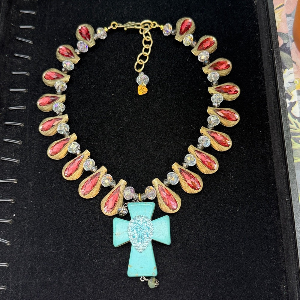 Adorned Crown Jewelry assemblage pink rhinestone teal cross necklace