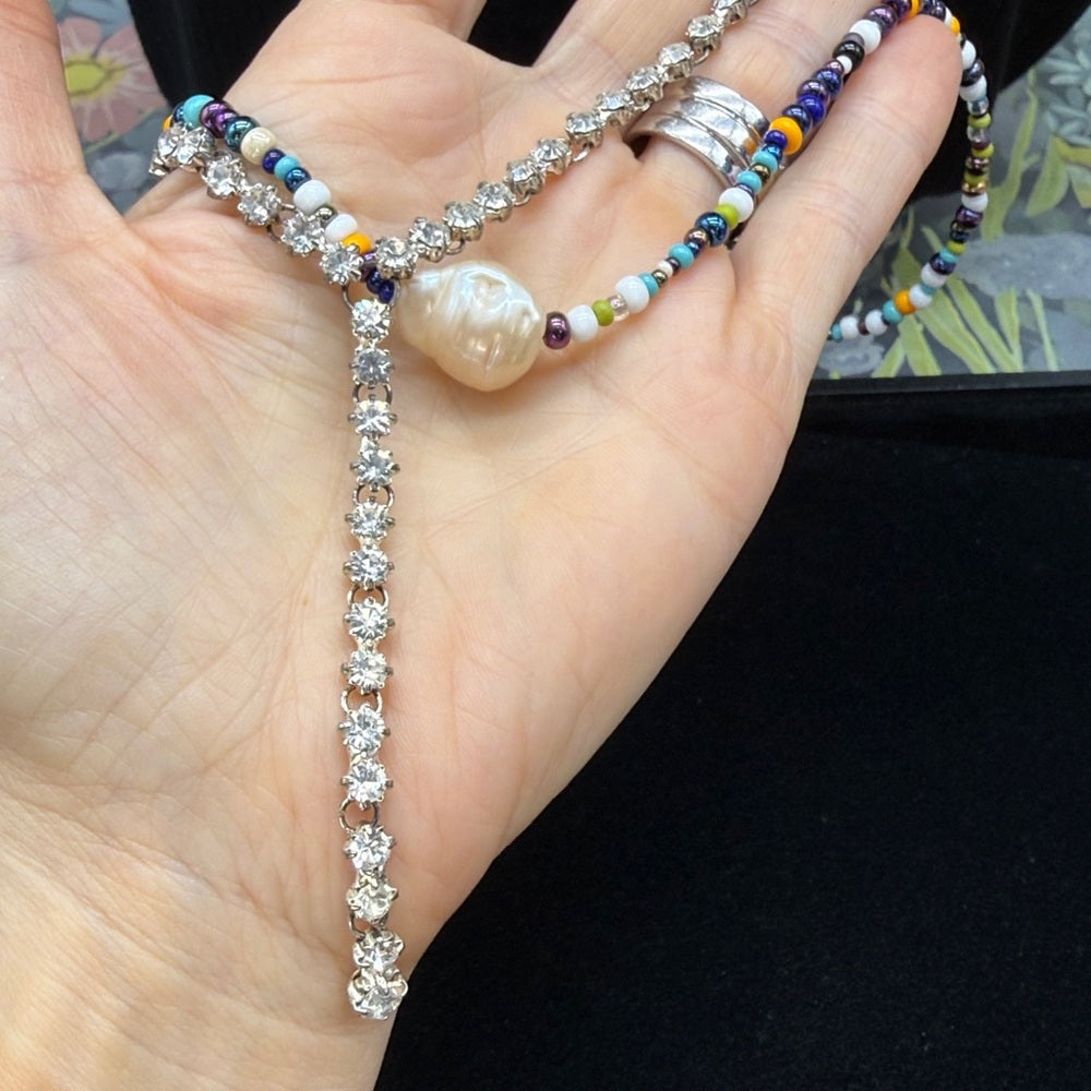 Adorned Crown Jewelry assemblage 2 strand beaded rhinestone pearl necklace