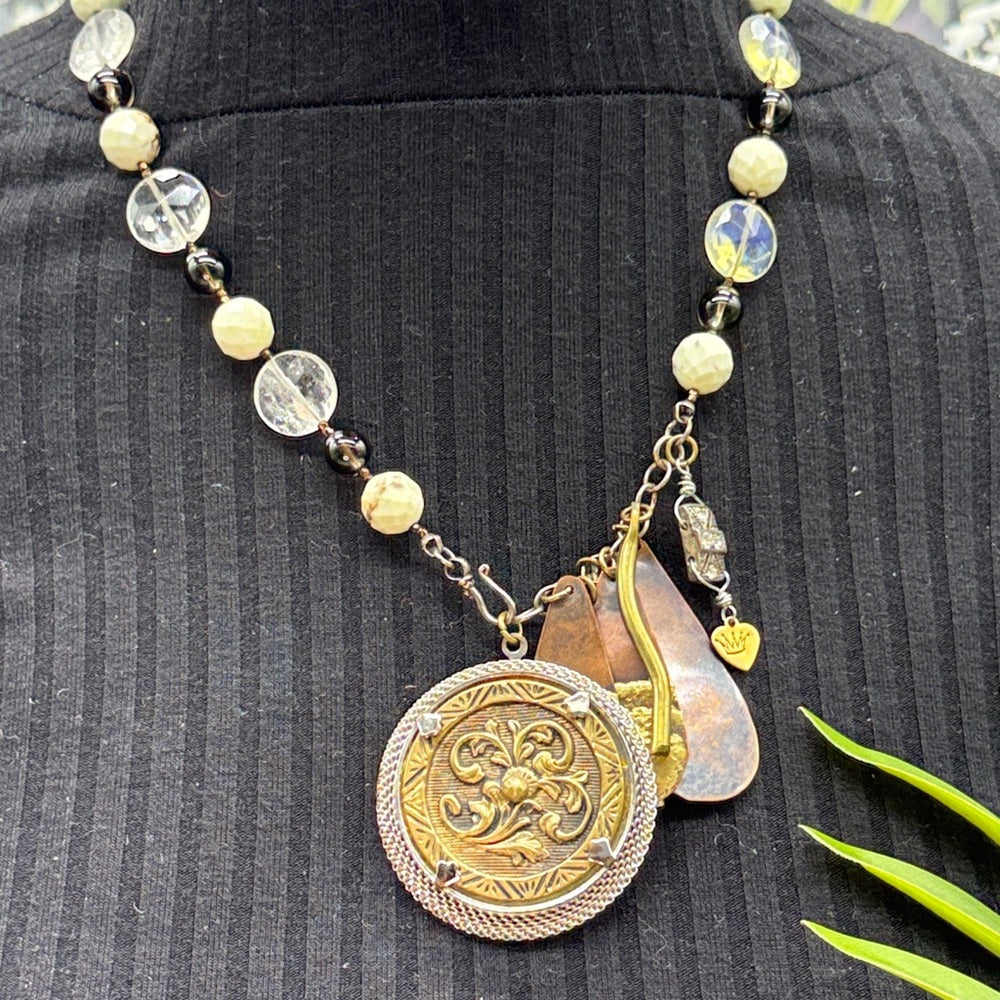 Adorned Crown Jewelry assemblage mix metal mix gemstone Y charm necklace