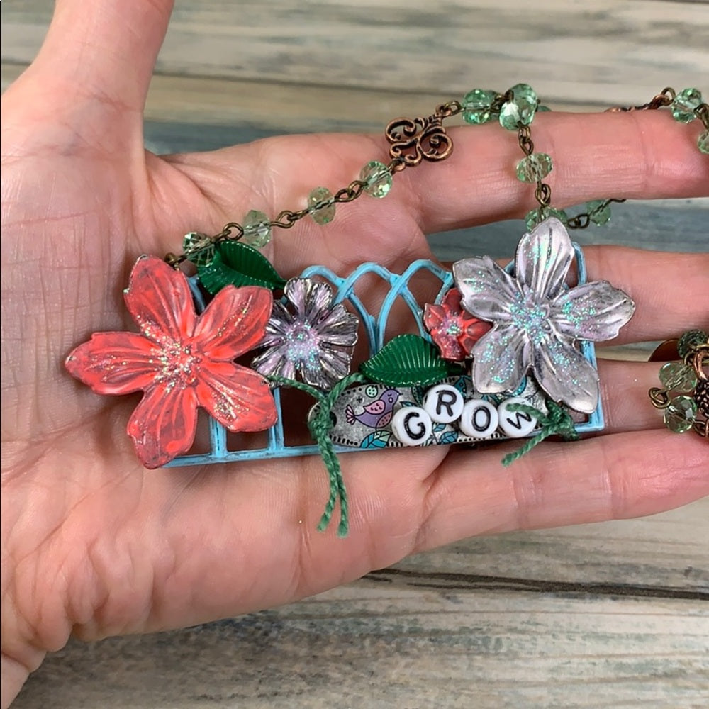 Adorned Crown artisan assemblage GROW Fence garden necklace