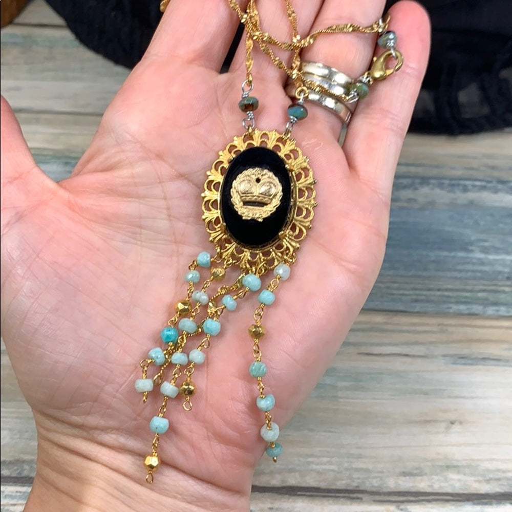 Adorned Crown artisan assemblage aquamarine bead jet black crown necklace