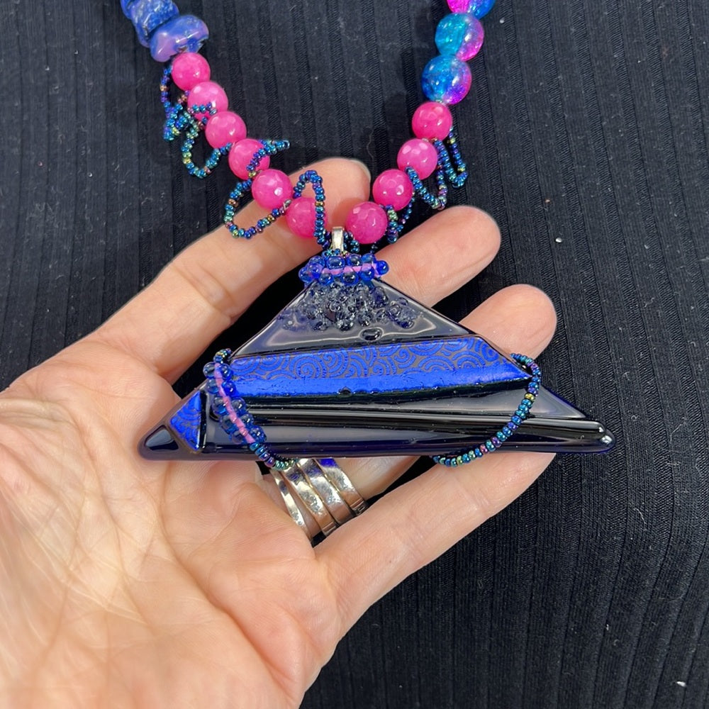 Adorned Crown Artisan Assemblage dichroic triangle faceted bead necklace