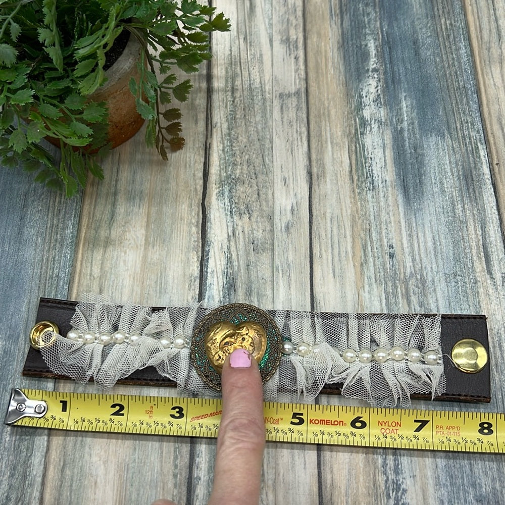 Adorned Crown Jewelry artisan assemblage leather lace lady heart cuff #3