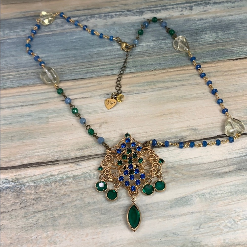 Adorned Crown artisan assemblage green rhinestone drop necklace