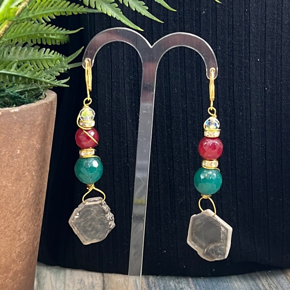 Adorned Crown Artisan Assemblage wire wrapped stone bead slice drop earrings