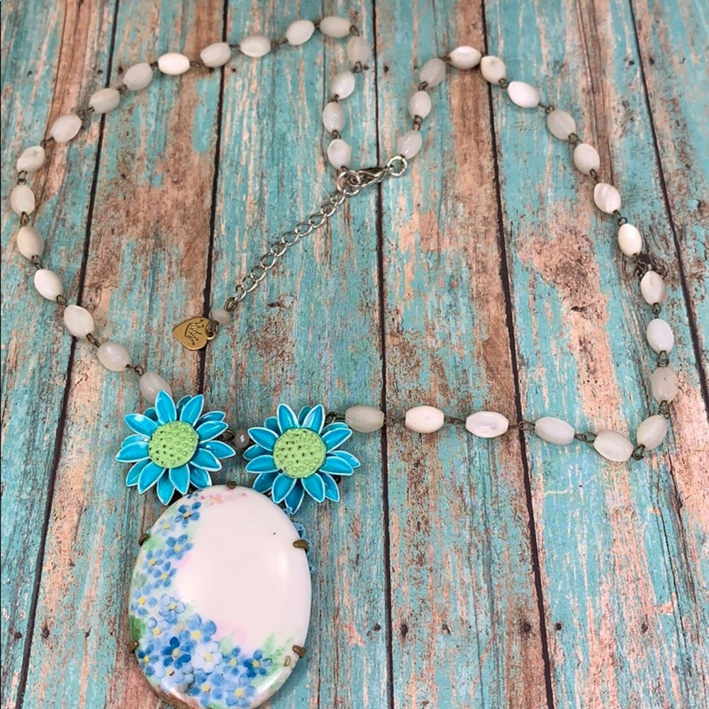 Adorned Crown artisan assemblage blue painted flower rosary bead necklace