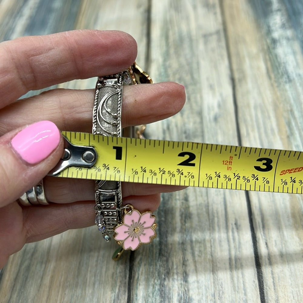 Adorned Crown Jewelry assemblage silver flower enamel charm bangle bracelet