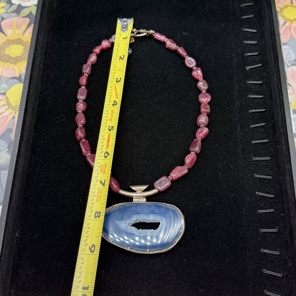 Adorned Crown Jewelry assemblage natural ruby blue agate slice necklace