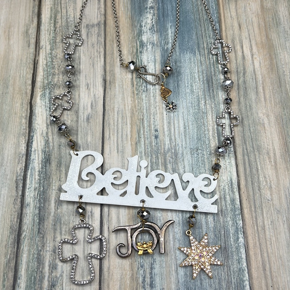 Adorned Crown Artisan Assemblage believe in the joy of Christmas necklace
