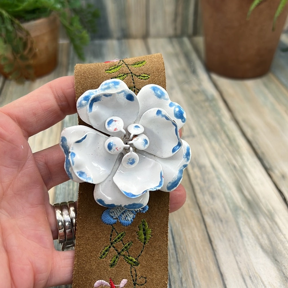 Adorned Crown Artisan Assemblage embroidered leather enamel flower bracelet