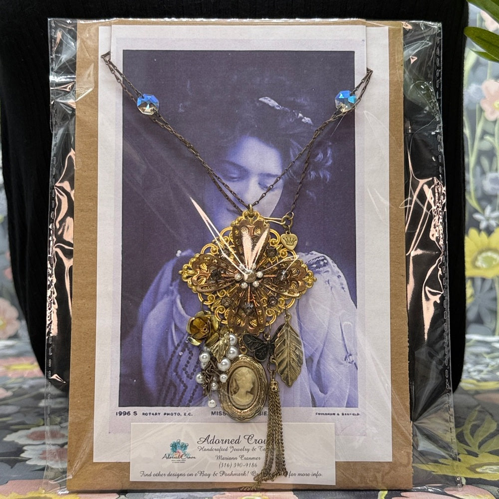 Adorned Crown Jewelry assemblage filigree and charm crystal long necklace