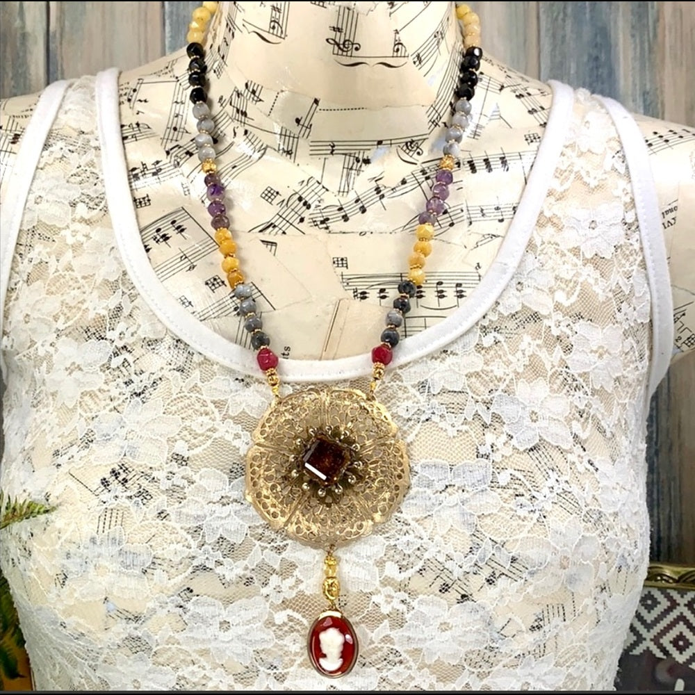 Adorned Crown artisan assemblage Stone bead topaz cameo necklace