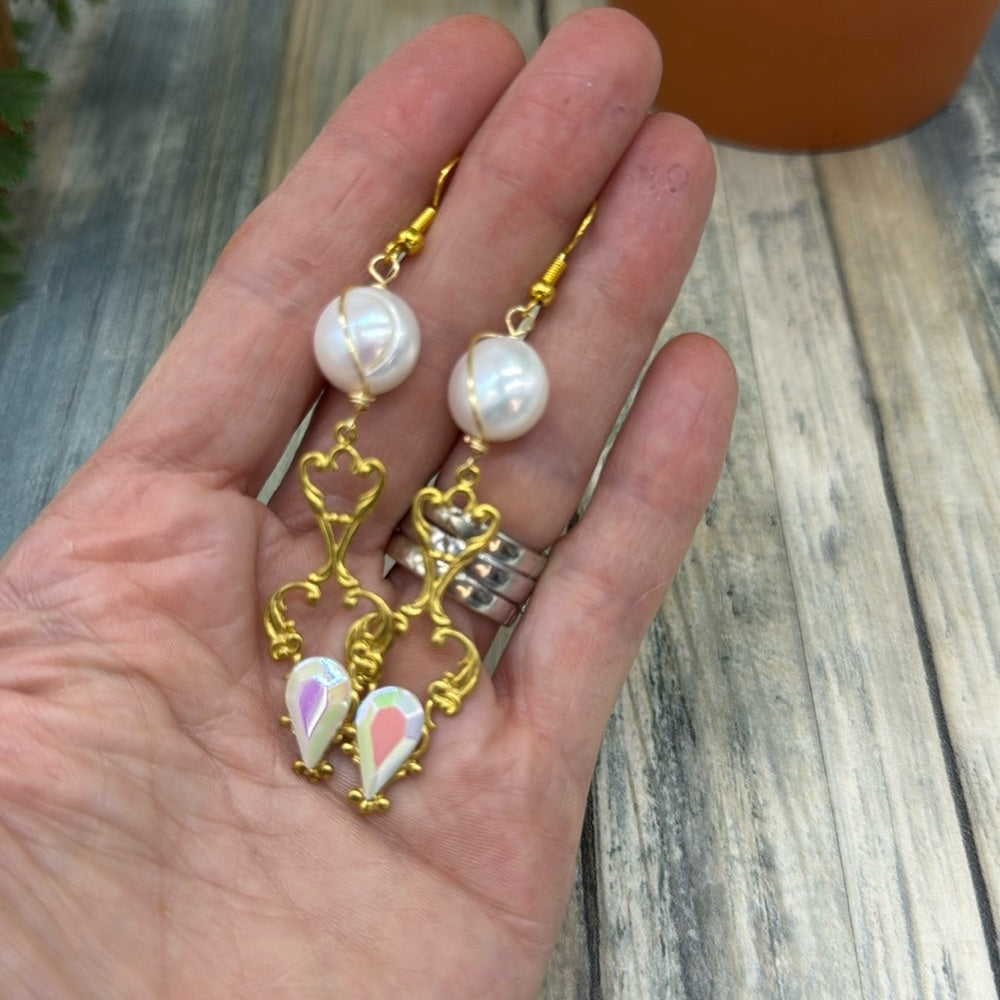 Adorned Crown Jewelry assemblage filigree Pearl Czech glass earrings