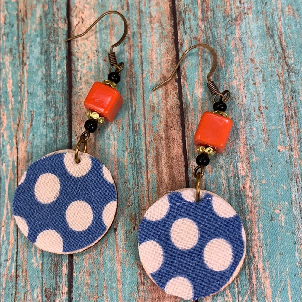 Adorned Crown assemblage vintage fabric wood disc earrings blue orange