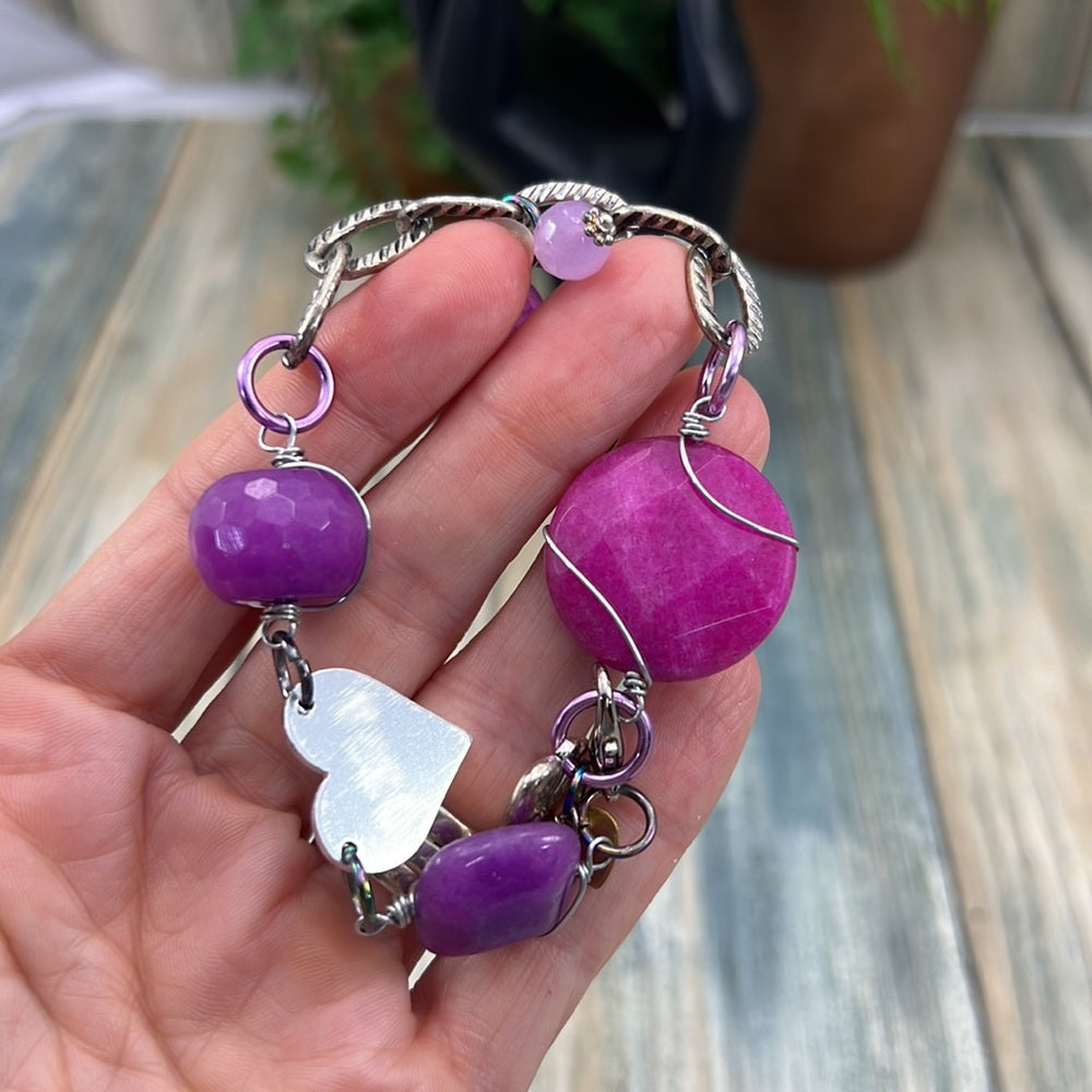 Adorned Crown Artisan Assemblage dyed pink purple quartz xoxo heart bracelet