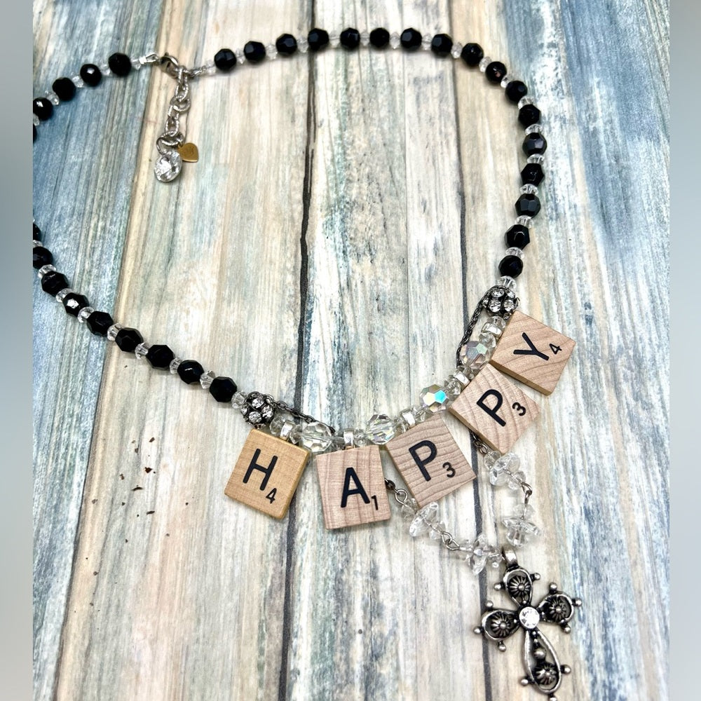 Adorned Crown Jewelry HAPPY jet black crystal bead cross necklace