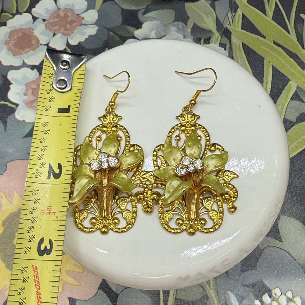 Adorned Crown Jewelry assemblage Lilies on filigree dangle earrings